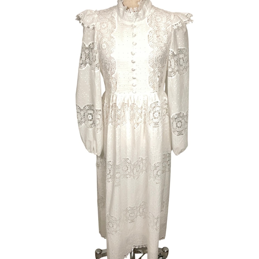 Dalia MacPhee Maxi Dress Womens Medium White Lace Eyelet Victorian Romantic
